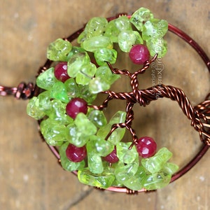 Apple Tree Tree of Life Pendant Peridot Ruby Red Jade Gemstones Wire Wrapped Jewelry Harvest Brown August Birthstone Necklace Teacher's Gift image 2