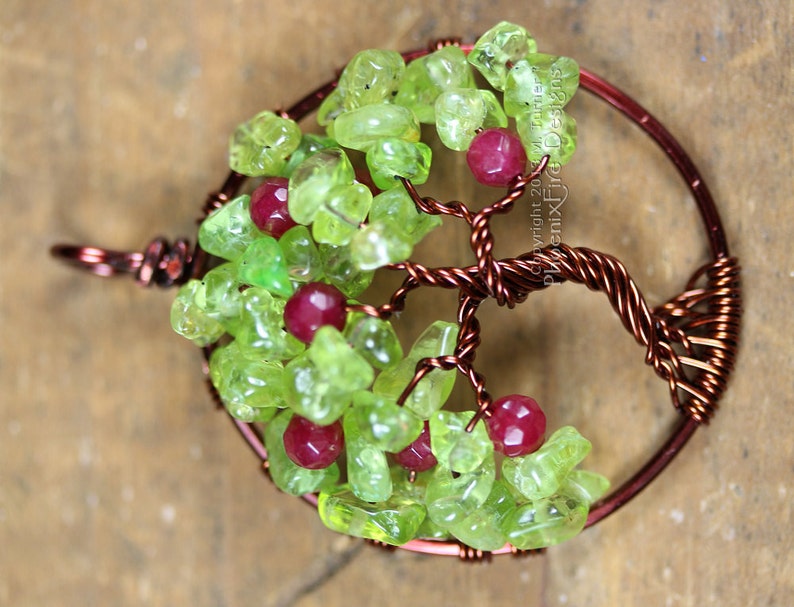 Apple Tree Tree of Life Pendant Peridot Ruby Red Jade Gemstones Wire Wrapped Jewelry Harvest Brown August Birthstone Necklace Teacher's Gift image 2