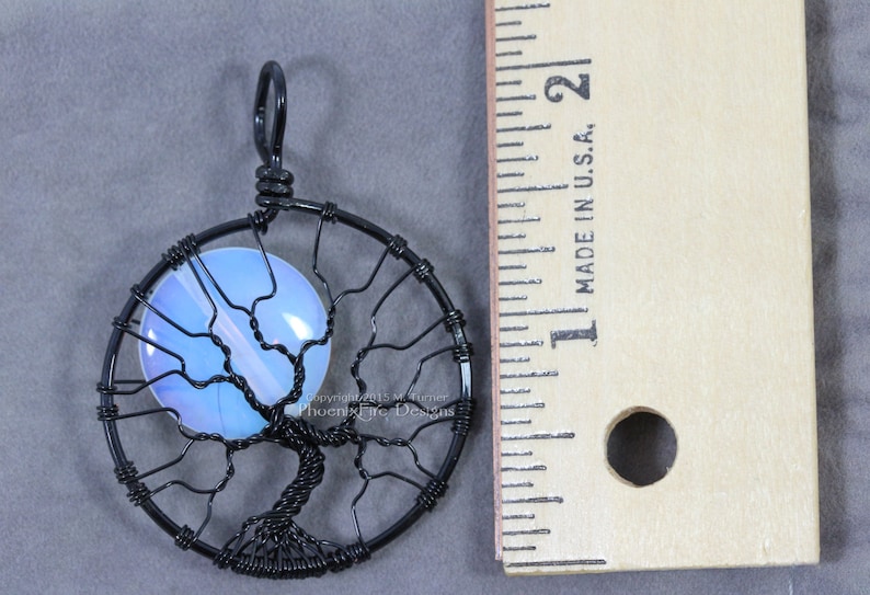 Celestial Jewelry Rainbow Moonstone Full Moon Tree of Life Pendant Black Wire Wrapped Jewelry Opalite Moonstone Jewelry Lunar Necklace Gift image 4