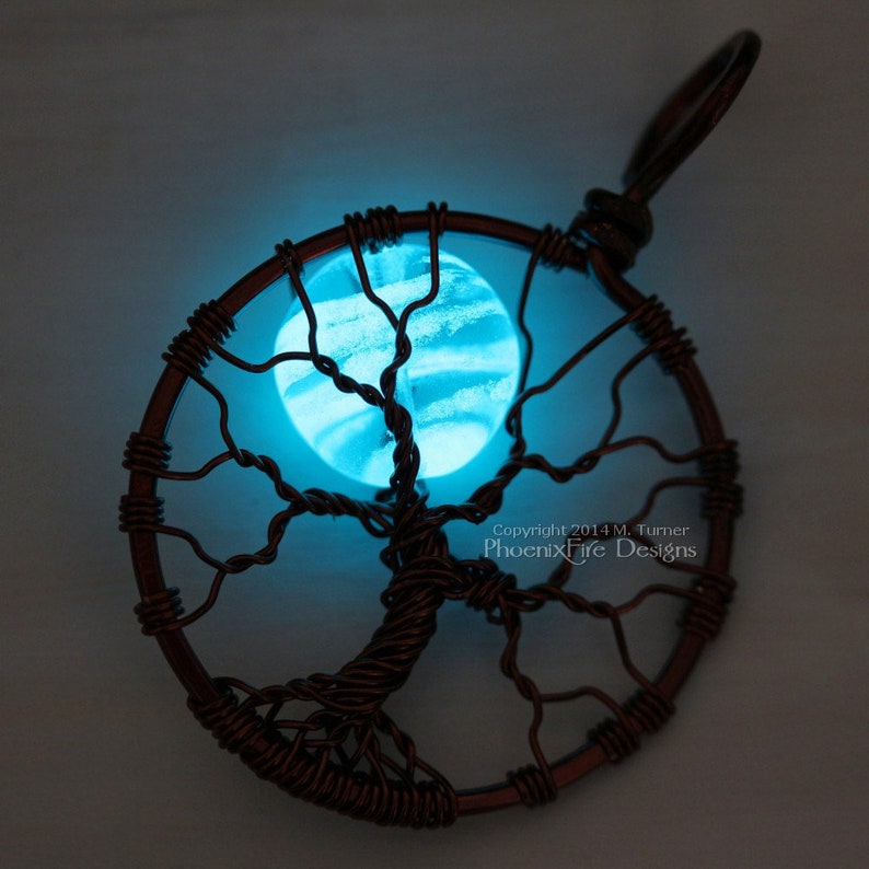 Blue Glow in the Dark Full Moon Tree of Life Pendant Glowing Jewelry Teal Blue Moon Glow Necklace Brown Wire Wrapped Handmade Black Light UV image 1