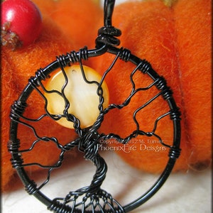 Small Halloween Full Moon Tree of Life Pendant Orange Black Wire Wrapped Jewelry Haunted Forest Harvest Moon Necklace Spooky Tree Gothic image 1