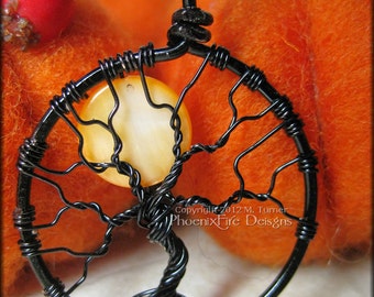 Small Halloween Full Moon Tree of Life Pendant Orange Black Wire Wrapped Jewelry Haunted Forest Harvest Moon Necklace Spooky Tree Gothic