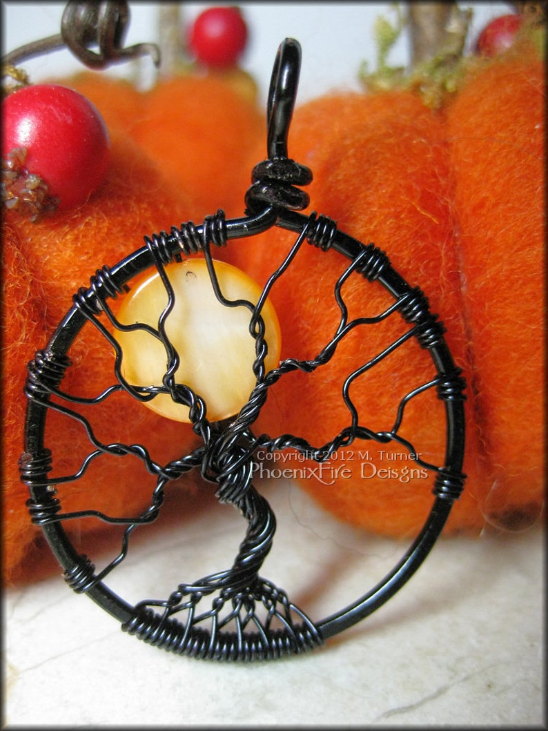 Small Halloween Full Moon Tree of Life Pendant Orange Black Wire Wrapped Jewelry Haunted Forest Harvest Moon Necklace Spooky Tree Gothic image 1