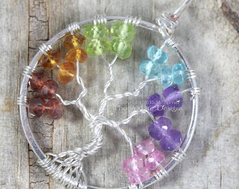 Rainbow Tree of Life Pendant Silver Wire Wrap Jewelry Garnet Citrine Peridot Blue Topaz Amethyst Mixed Gemstone Chakra Pride Necklace