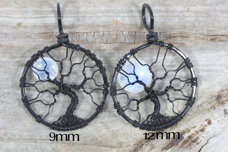 Rainbow Moonstone Jewelry Full Moon Tree of Life Necklace Black Wire Wrapped Pendant Gemstone Necklace Celestial Jewelry Lunar Necklace image 3