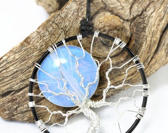 Tree-of-Life Pendant Full Moon Opalite Rainbow Moonstone Necklace YOUR CHOICE Multicolor Two Tone Wire Wrapped Jewelry Luna Lunar Mystical