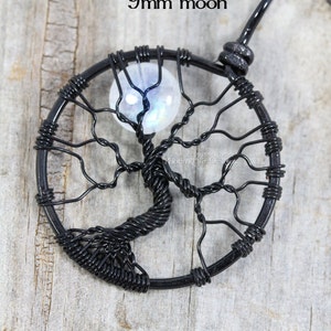 Rainbow Moonstone Jewelry Full Moon Tree of Life Necklace Black Wire Wrapped Pendant Gemstone Necklace Celestial Jewelry Lunar Necklace image 2