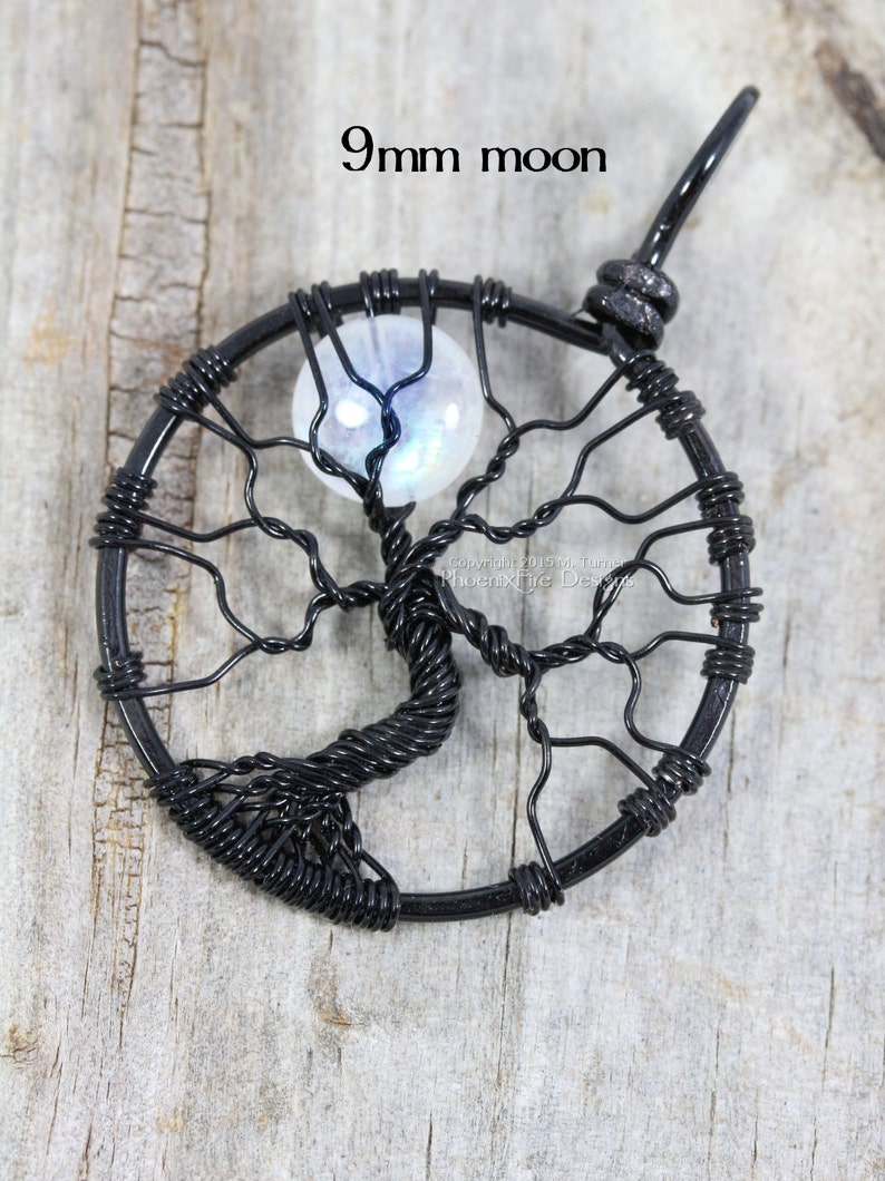 Rainbow Moonstone Jewelry Full Moon Tree of Life Necklace Black Wire Wrapped Pendant Gemstone Necklace Celestial Jewelry Lunar Necklace image 2