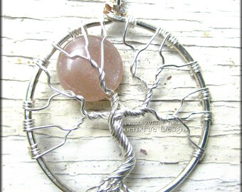 Pendentif arbre de vie en pierre de soleil arbre de la connaissance céleste pleine lune Axis Mundi Yggdrasil arbre d'argent enveloppé de fil celtique arbre elfique