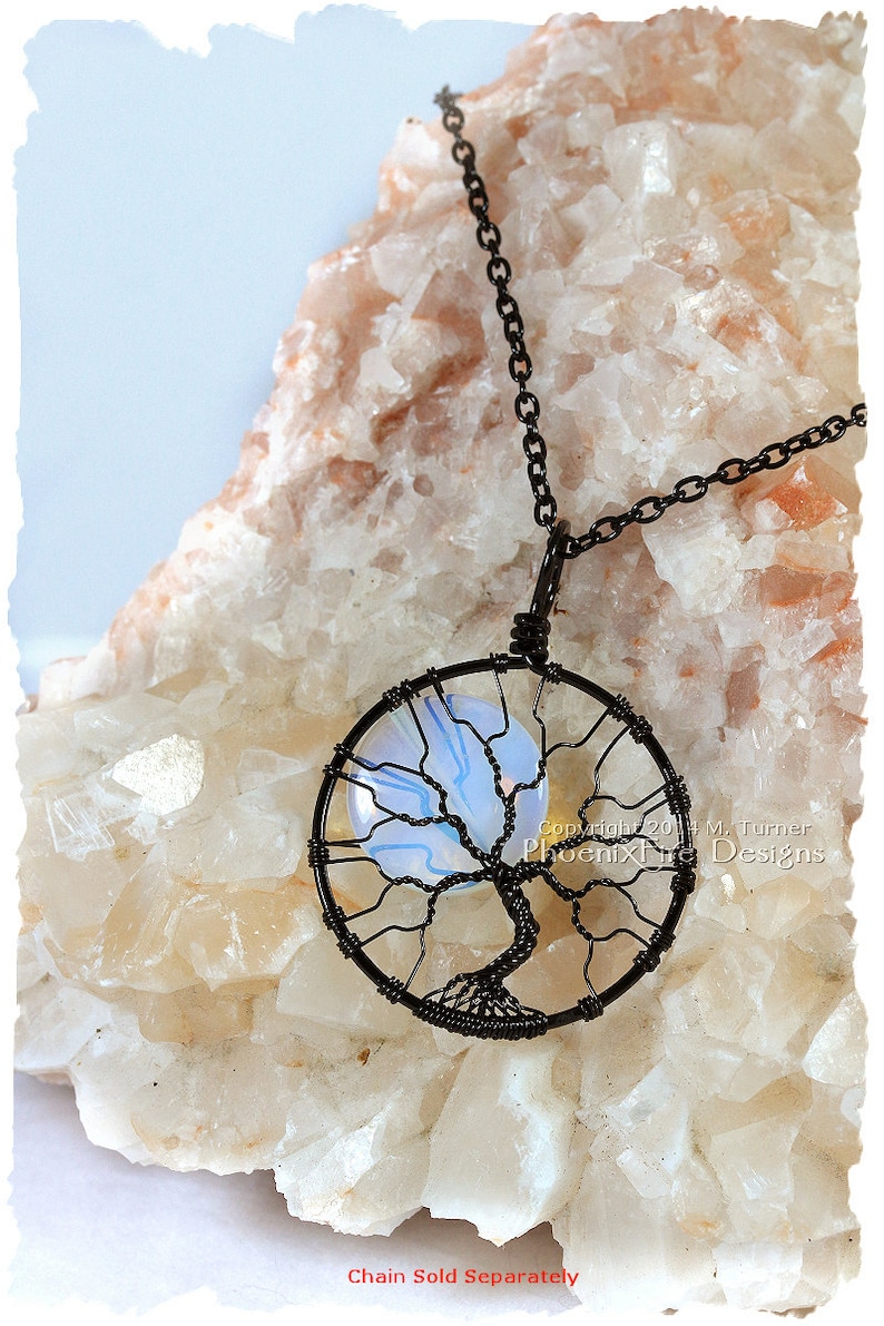 Celestial Jewelry Rainbow Moonstone Full Moon Tree of Life Pendant Black Wire Wrapped Jewelry Opalite Moonstone Jewelry Lunar Necklace Gift image 2