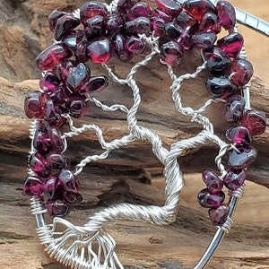 Winter's Heart Garnet Tree of Life Pendant Statement Necklace Silver Wire Stainless Steel Omega Chain January's Birthstone Jewelry For Her image 2