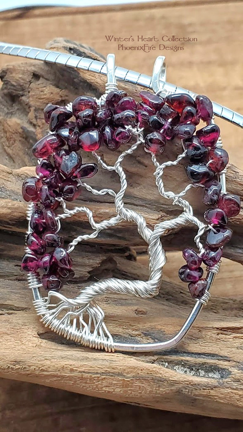 Winter's Heart Garnet Tree of Life Pendant Statement Necklace Silver Wire Stainless Steel Omega Chain January's Birthstone Jewelry For Her image 2