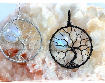 Rainbow Moonstone Celestial Jewelry Tree-of-Life Pendant Full Moon Wire Wrap Jewelry Argentium Sterling Silver Black Recycled Eco Friendly