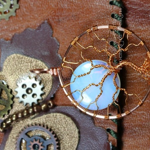 Steampunk Copper Necklace Tree of Life Pendant Opalite Rainbow Moonstone Full Moon Jewelry Cogs Gears Clockwork Gothic Style Necklace image 4