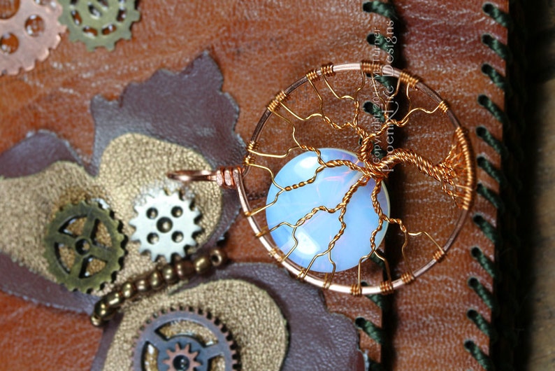 Steampunk Copper Necklace Tree of Life Pendant Opalite Rainbow Moonstone Full Moon Jewelry Cogs Gears Clockwork Gothic Style Necklace image 4