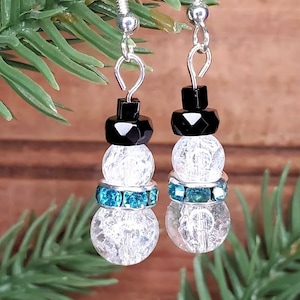 Snowman Earrings Your Choice Crackle Glass Frosty Earrings Christmas Holiday Accessories Austrian Crystal Snowman Xmas Sterling Silver Hook Teal