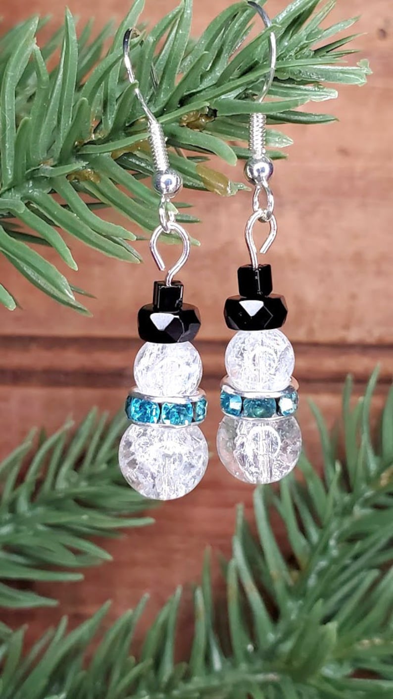 Snowman Earrings Your Choice Crackle Glass Frosty Earrings Christmas Holiday Accessories Austrian Crystal Snowman Xmas Sterling Silver Hook image 1