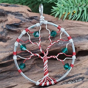 Candy Cane Necklace Tree of Life Pendant Christmas Jewelry Whimsical Holiday Necklace Christmas Accessories Red Green White Twist Gift Idea With Green Crystal