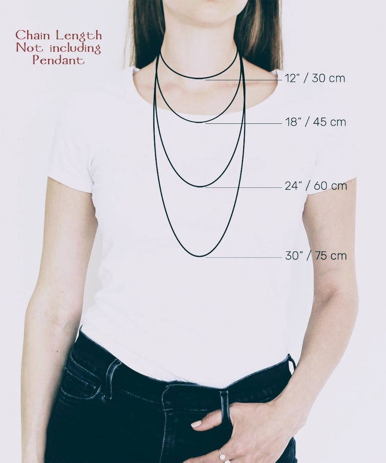May include: A model wearing a white shirt and jeans shows different chain lengths for necklaces. The lengths are 12 inches/30 cm, 18 inches/45 cm, 24 inches/60 cm, and 30 inches/75 cm.