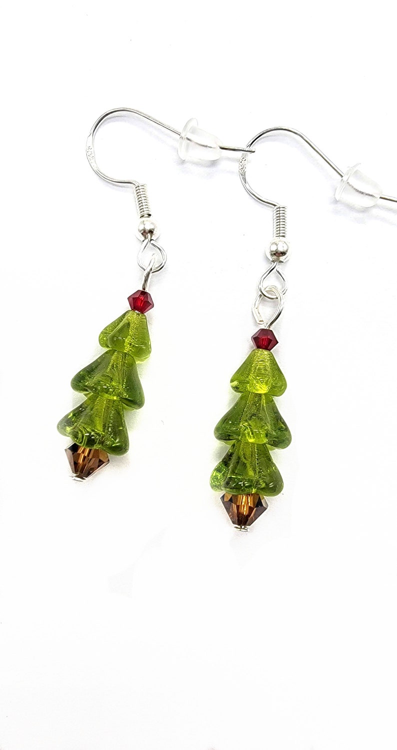 Mini Christmas Tree Earrings Traditional Olive Green Miniature Xmas Trees Christmas Earrings Holiday Jewelry Sterling Silver Evergreen Pine image 2