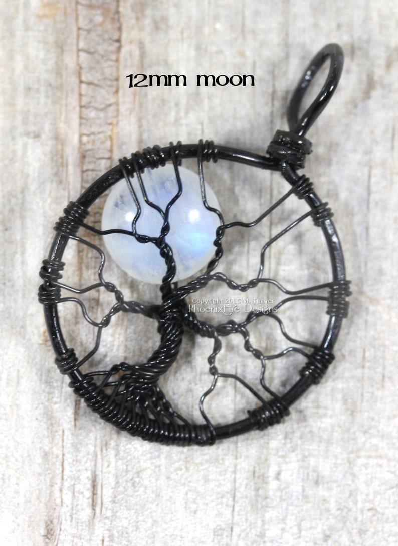 Rainbow Moonstone Jewelry Full Moon Tree of Life Necklace Black Wire Wrapped Pendant Gemstone Necklace Celestial Jewelry Lunar Necklace image 1