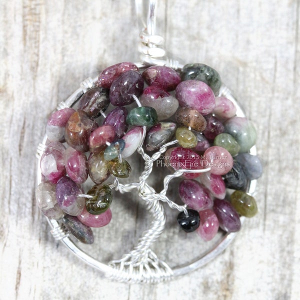 Tree of Life Pendant Watermelon Tourmaline Mixed Multicolor Gemstone Wire Wrap Jewelry Silver Pink Green Colorful Summer Necklace RTS