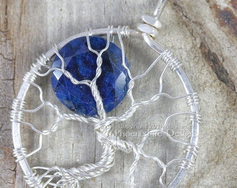 Celestial Jewelry Blue Sapphire Blue Moon Tree of Life Pendant Midnight Navy Sterling Silver Wire Wrapped September Birthstone Jewelry
