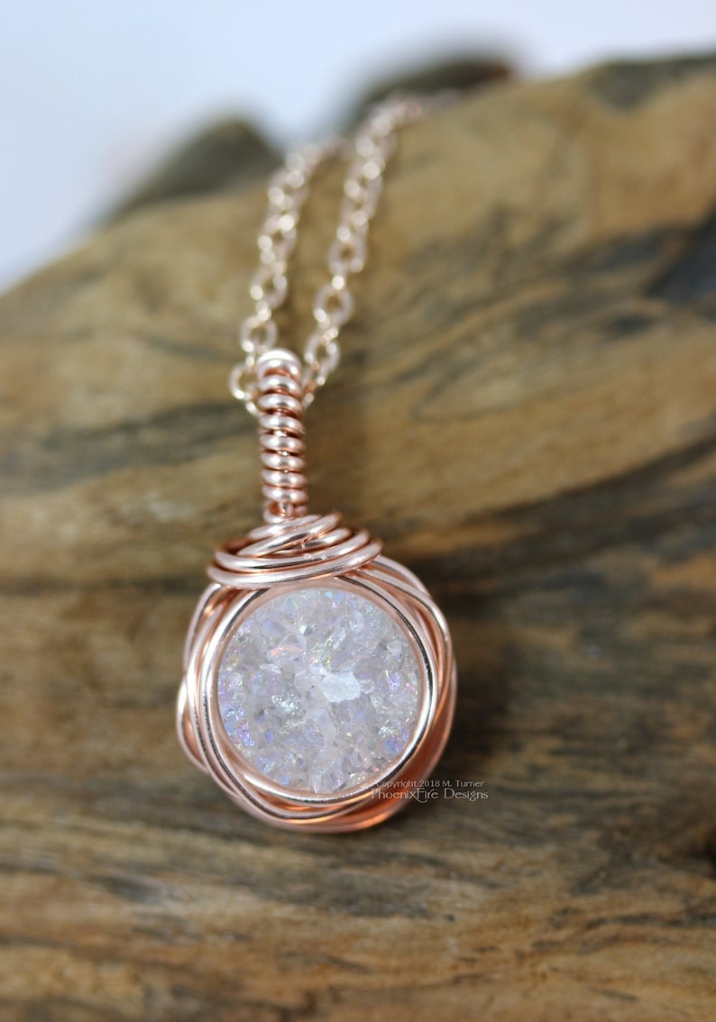 Rose Gold AB White Druzy Necklace Natural Drusy Pendant Layering Necklace Crystal Wire Wrapped Christmas Gift Bridesmaid Gift For Her image 1