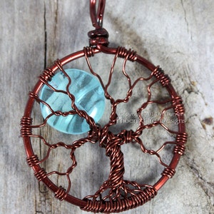 Blue Glow in the Dark Full Moon Tree of Life Pendant Glowing Jewelry Teal Blue Moon Glow Necklace Brown Wire Wrapped Handmade Black Light UV image 2