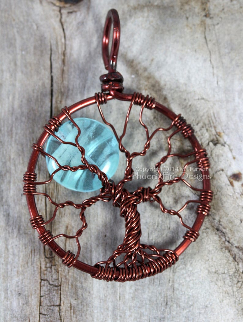 Blue Glow in the Dark Full Moon Tree of Life Pendant Glowing Jewelry Teal Blue Moon Glow Necklace Brown Wire Wrapped Handmade Black Light UV image 2