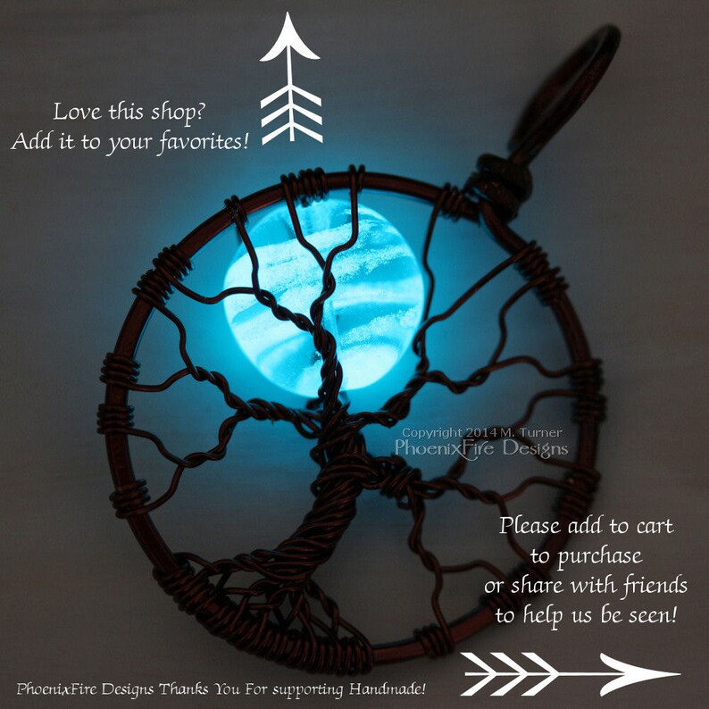 Blue Glow in the Dark Full Moon Tree of Life Pendant Glowing Jewelry Teal Blue Moon Glow Necklace Brown Wire Wrapped Handmade Black Light UV image 5