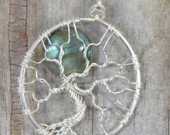 Labradorite Tree of Life Pendant Full Moon Blue Flash Wire Wrapped Jewelry Silver Celestial Necklace Goddess Boho Pagan Ritual Necklace