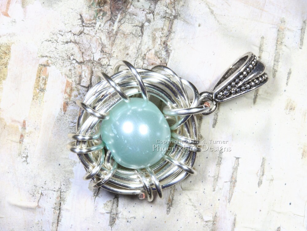 Unique Handcrafted Gift Bird Nest Pendant Necklace Wire Wrapped Silver with 1 Pale Pink Pearl Egg Unique Handcrafted Gift Bird Nest Pendant Necklace Wire Wrapped Silver with 1 Pale Pink Pearl Egg