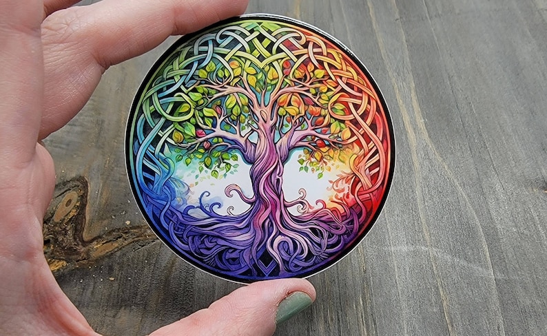 Rainbow Tree of Life Decal, Celtic Knot Tree Chakra Vinyl Sticker, LGBTQIA Pride Rainbow Tree, Yggdrasil Tree Laptop Sticker, Water Bottle image 1