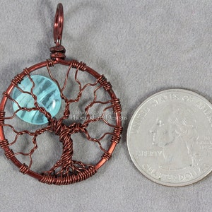 Blue Glow in the Dark Full Moon Tree of Life Pendant Glowing Jewelry Teal Blue Moon Glow Necklace Brown Wire Wrapped Handmade Black Light UV image 4