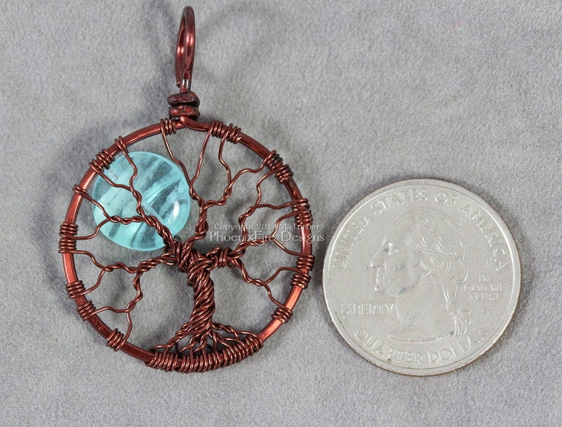 Blue Glow in the Dark Full Moon Tree of Life Pendant Glowing Jewelry Teal Blue Moon Glow Necklace Brown Wire Wrapped Handmade Black Light UV image 4