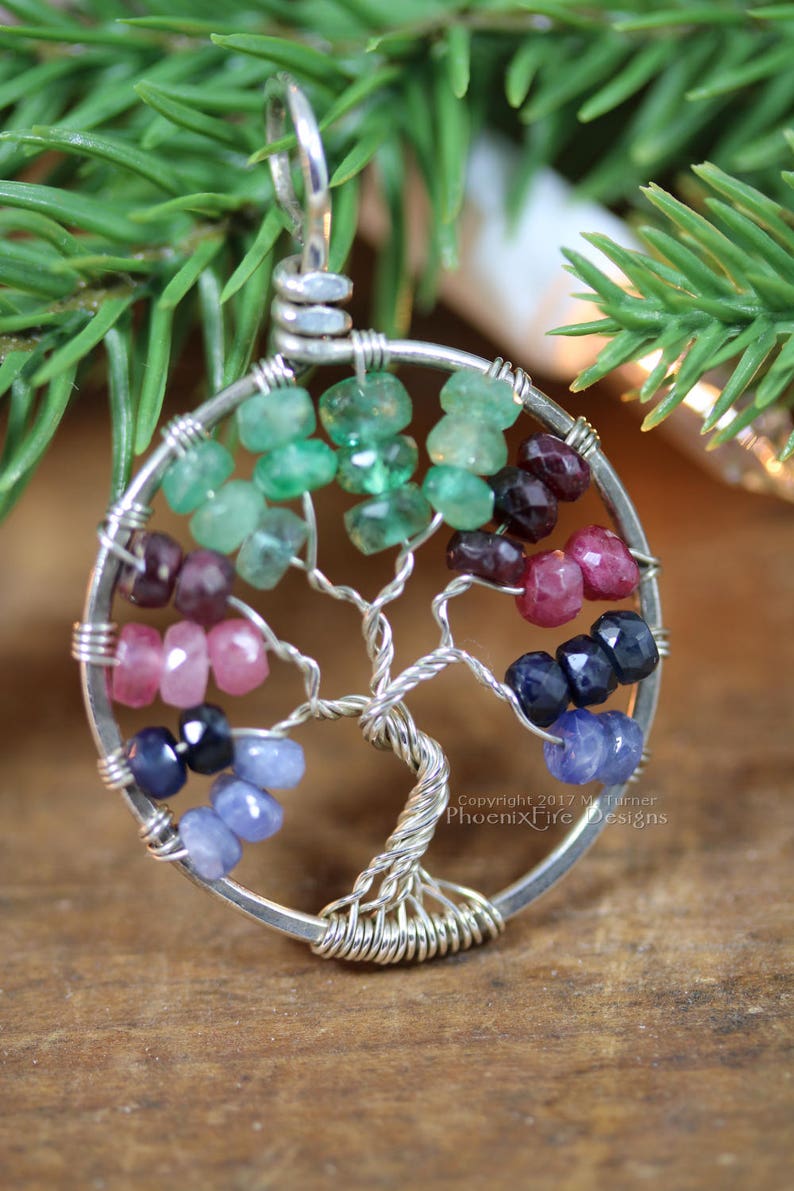Tricolor Blue Sapphire Ruby Emerald Tree of Life Pendant Multicolor Gemstone Sterling Silver Wire Wrapped Jewelry Eco friendly recycled image 1