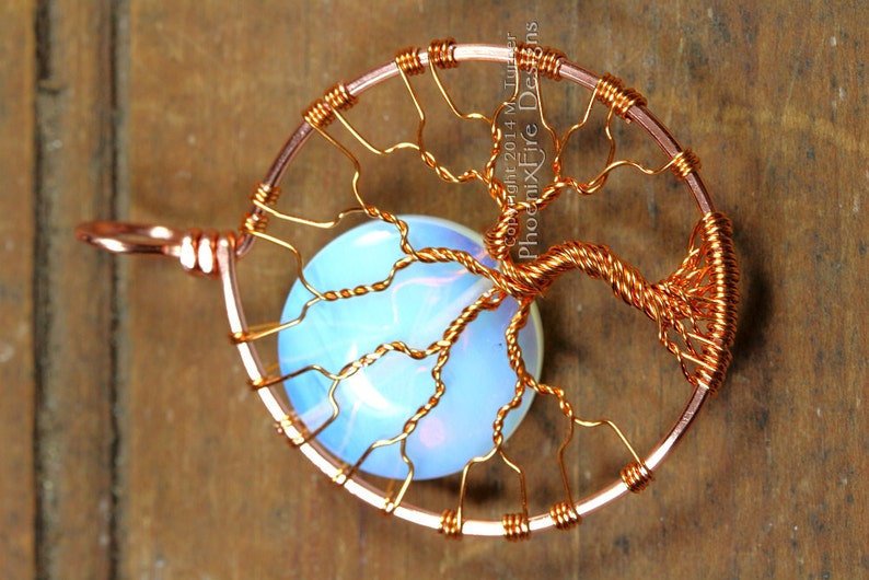 Steampunk Copper Necklace Tree of Life Pendant Opalite Rainbow Moonstone Full Moon Jewelry Cogs Gears Clockwork Gothic Style Necklace image 3