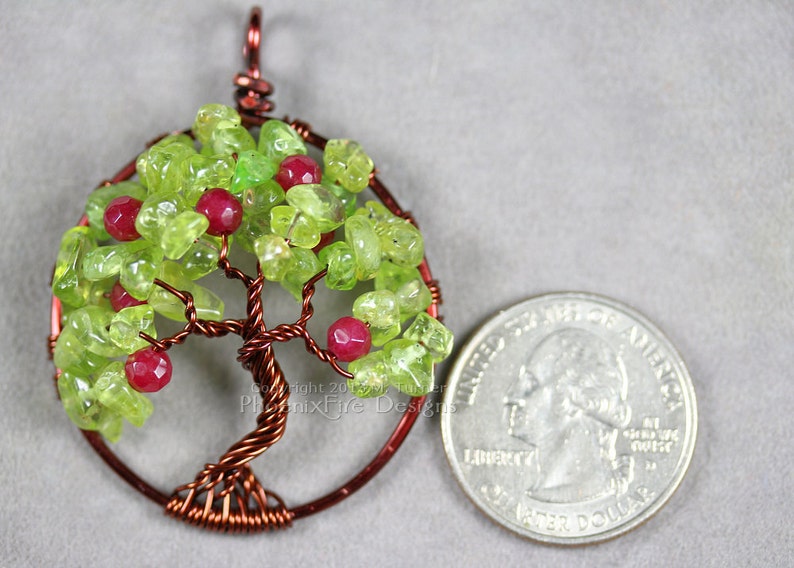 Apple Tree Tree of Life Pendant Peridot Ruby Red Jade Gemstones Wire Wrapped Jewelry Harvest Brown August Birthstone Necklace Teacher's Gift image 4