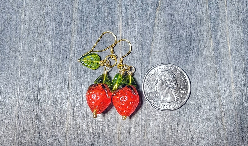 Strawberry Earrings 14k Gold Vermeil Cute Kawaii Strawberry Fruit Earrings Green Leaves Cottagecore Whimsical Strawberry Jewelry Plant Lover image 6