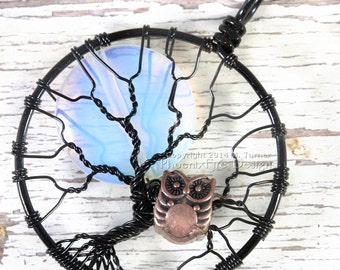 Rainbow Moonstone Owl Tree-of-Life Pendant  Opalite Full Moon Necklace Halloween Wire Wrapped Spooky Tree Jewelry Copper Owl PhoenixFire