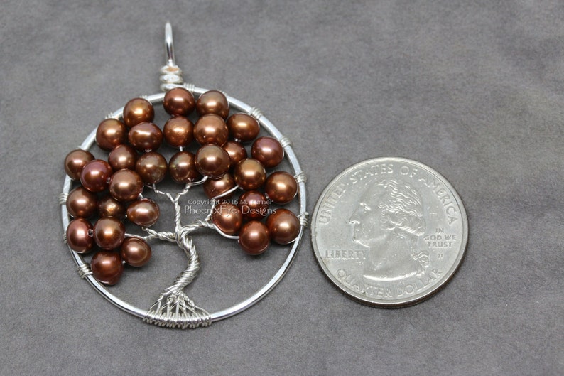 Copper Freshwater Pearl Tree of Life Pendant June Birthstone Necklace Silver Wire Wrapped Jewelry Reddish Brown Potato Woodland Weddings image 3