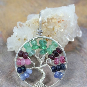 Tricolor Blue Sapphire Ruby Emerald Tree of Life Pendant Multicolor Gemstone Sterling Silver Wire Wrapped Jewelry Eco friendly recycled image 3