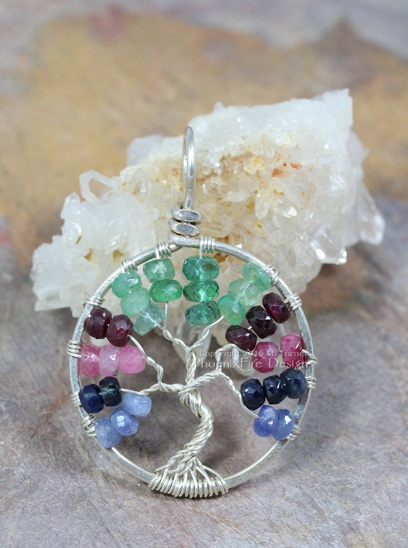 Tricolor Blue Sapphire Ruby Emerald Tree of Life Pendant Multicolor Gemstone Sterling Silver Wire Wrapped Jewelry Eco friendly recycled image 3