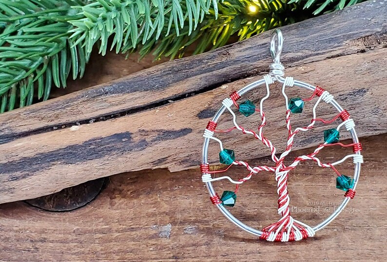 Candy Cane Necklace Tree of Life Pendant Christmas Jewelry Whimsical Holiday Necklace Christmas Accessories Red Green White Twist Gift Idea image 1