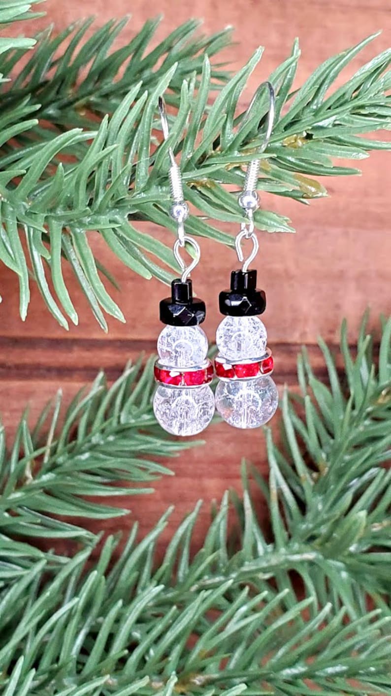 Snowman Earrings Your Choice Crackle Glass Frosty Earrings Christmas Holiday Accessories Austrian Crystal Snowman Xmas Sterling Silver Hook Red