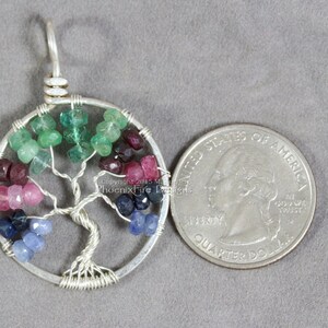 Tricolor Blue Sapphire Ruby Emerald Tree of Life Pendant Multicolor Gemstone Sterling Silver Wire Wrapped Jewelry Eco friendly recycled image 4