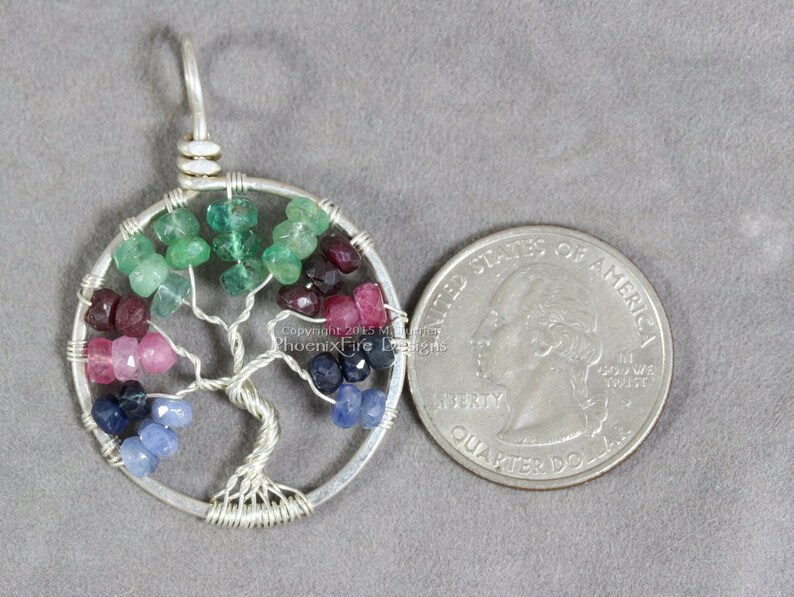 Tricolor Blue Sapphire Ruby Emerald Tree of Life Pendant Multicolor Gemstone Sterling Silver Wire Wrapped Jewelry Eco friendly recycled image 4