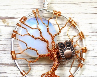 Owl Tree of Life Pendant  Full Moon Opalite Rainbow Moonstone Two Tone Silver Copper Mixed Metals Jewelry Wire Wrapped Necklace Steampunk