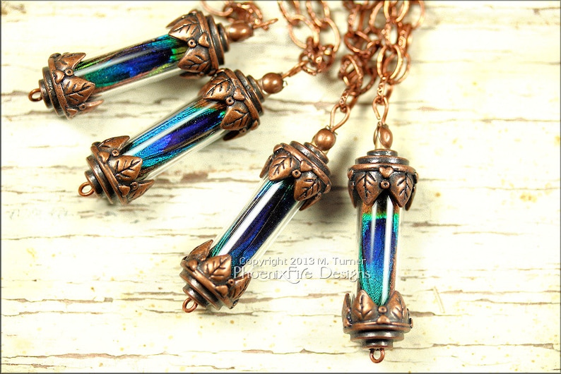 Steampunk Peacock Feather Copper Vial Necklace Glass Tube Decorative Leaf Victorian Style Bronze Vintage Steampunk Jewelry Bridesmaid Gift image 5